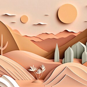 May include: A paper craft desert landscape featuring a large orange sun, brown mountains, and green cacti.