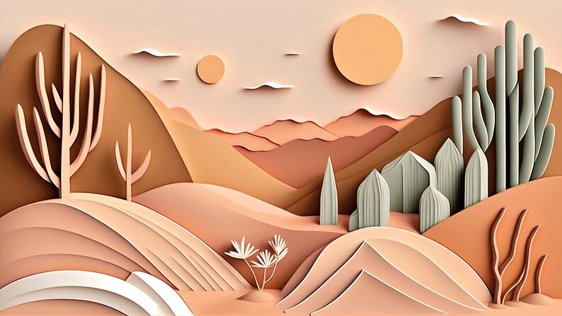 May include: A paper craft desert landscape featuring a large orange sun, brown mountains, and green cacti.