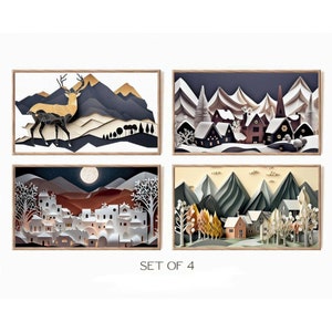 May include: Set of four paper cut-out art prints featuring winter scenes. The prints depict a deer in a snowy mountain landscape, a village with snow-covered houses, a village with a full moon, and a village with autumn trees.