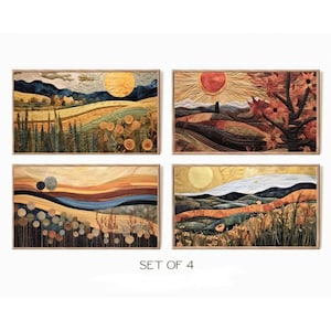 K&ouml;nnte beinhalten: Set aus vier gerahmten Kunstdrucken mit abstrakten Landschaften im Patchwork-Stil. Jeder Druck zeigt eine andere Szene mit einer Sonne, H&uuml;geln und verschiedenen Farben, darunter Gelb, Orange, Braun, Blau und Gr&uuml;n.