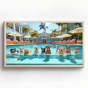 May include: A group of eight dogs of various breeds are swimming in a pool. The dogs are all smiling and appear to be enjoying themselves. The pool is surrounded by a white fence and lush green palm trees.