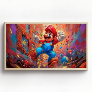 Può includere: Un dipinto digitale di un personaggio dei cartoni animati, Mario, che salta in aria. Indossa la sua tuta rossa e il cappello caratteristici, ed è circondato da coriandoli colorati e power-up. Lo sfondo è un paesaggio urbano vibrante.