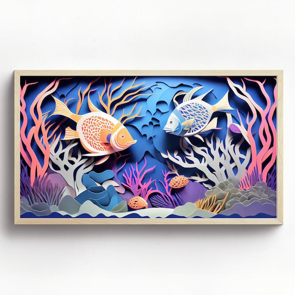 Samsung Frame TV Art, fishes in corals, paper cut style, Frame TV Art, Samsung Art TV, Digital Download for Samsung Frame