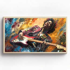 May include: A colourful painting of a musician playing a red electric guitar. The background is a mix of blue, yellow and orange colours.