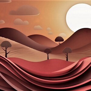May include: A digital illustration of a papercraft landscape with rolling hills, trees, and a large white sun in the sky. The hills are a mix of brown and red, and the trees are a deep red.