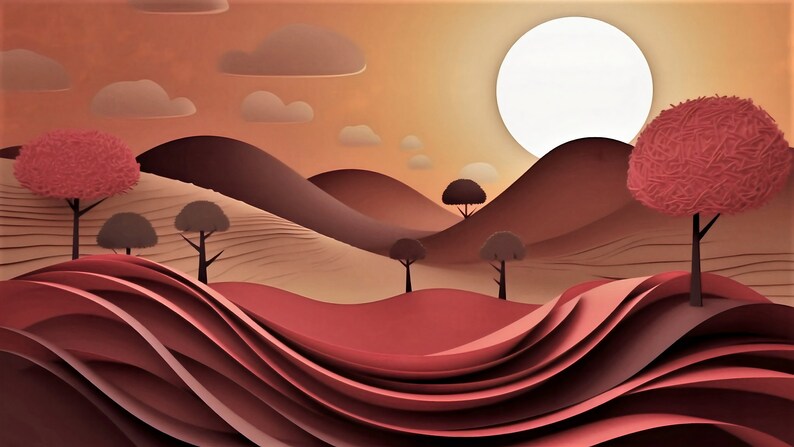 May include: A digital illustration of a papercraft landscape with rolling hills, trees, and a large white sun in the sky. The hills are a mix of brown and red, and the trees are a deep red.
