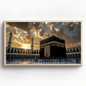 May include: A panoramic view of the Kaaba, a cube-shaped building in Mecca, Saudi Arabia, with a golden roof and black walls. The Kaaba is surrounded by a courtyard with many people praying. The sky is a beautiful sunset with clouds.