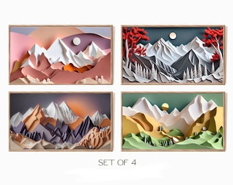 Samsung Frame TV Art、抽象的な切り絵風の山の風景4枚セット、Frame TV Art 3D効果 4K HD Samsung Frame用ダウンロード