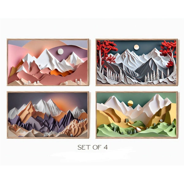 Samsung Frame TV Art, set of 4  abstract paper cut style mountain landscapes, Frame TV Art 3D effect  4K hd Download for Samsung Frame