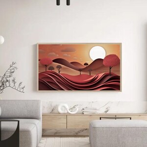 May include: A digital art print depicting a landscape with rolling hills, trees, and a sun in the sky. The colours are mainly shades of red, orange, and brown.