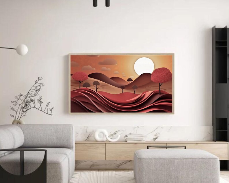 May include: A digital art print depicting a landscape with rolling hills, trees, and a sun in the sky. The colours are mainly shades of red, orange, and brown.