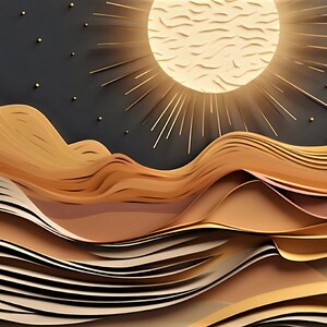 May include: Abstract art print featuring a stylised sun with golden rays and layered, wavy, brown, beige, and gold mountains against a dark blue background with gold stars.