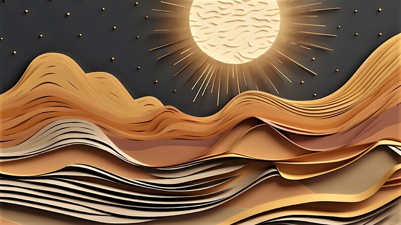 May include: Abstract art print featuring a stylised sun with golden rays and layered, wavy, brown, beige, and gold mountains against a dark blue background with gold stars.