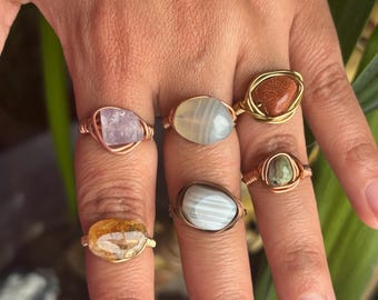 Wire Wrapped Crystal Ring, Size 6-8