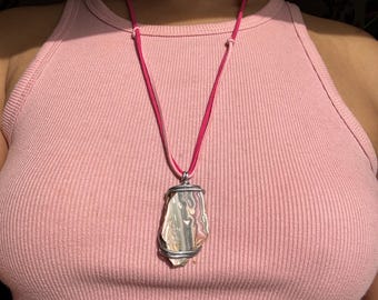 Rhodochrosite Slab Necklace, Aluminum Wire Wrapped, Vegan Suede Cord