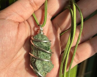 Wrapped Diopside Necklace, Silver Plated Wire, Suede Cord