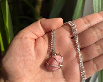 Rhodochrosite Wire Wrap Pendant Necklace, Silver Chain
