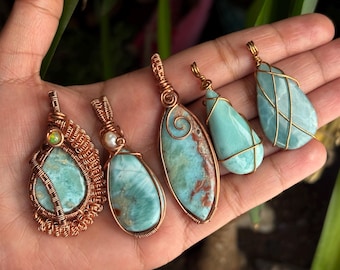 Larimar Pendant, Copper or Gold Wire Wrapped Stone