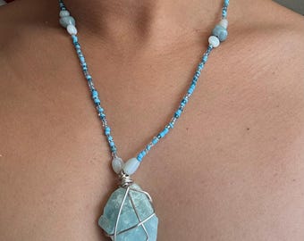 Aquamarine Wire Wrap Pendant, Beaded Necklace