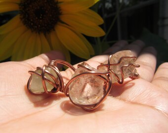 Raw Clear Topaz Ring, Copper Wire Wrapped Bohemian Jewelry
