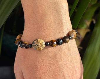 Leopard Skin Jasper Tigers Eye and Obsidian Bracelet