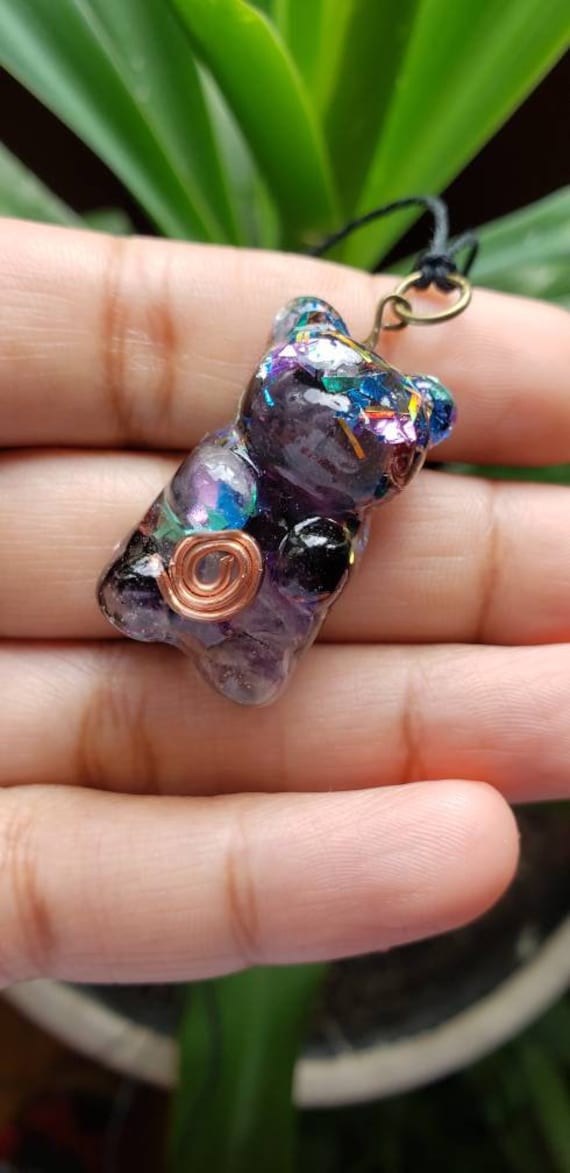 Rainbow Gummy Bear Orgonite Necklace, Black Tourmaline Hemp Pendant