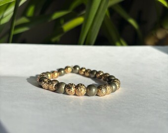 Pyrite & Gold Lava Stone Bracelet, Adjustable Cord