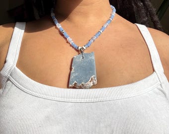 Angelite Pendant Necklace with Howlite, Chalcedony & Glass Beads