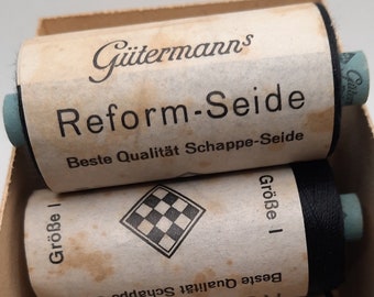 Seda vintage Gütermann Reform, tamaño de rollo I, 300 metros, seda con ojal, 30/3, negro, mejor seda schappe, años 40