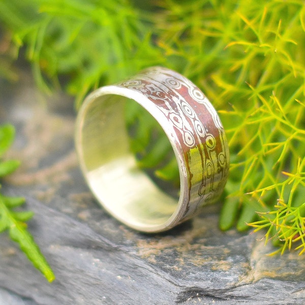 Mokume Gane Ring - 925 Sterling Silver Ring - Solid Mokume Ring - Wide Band - Gift for Him - Wood Grain Mokume - Bohemian Jewelry - Elegant