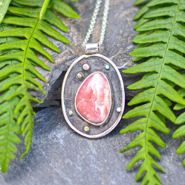925 Sterling Silver Necklace - Rhodochrosite Gemstone Necklace - Gift for her - One of a kind - Healing Necklace - Handmade Jewelry