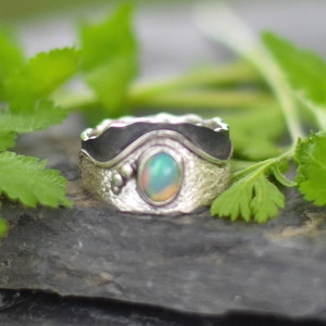 Fire Opal Silver Ring, 925 Sterling Silver Jewelry, Wide Band, Boho Ring, Birthday gift, One Of A Kind, Engagement Ring, Handmade Jewelry