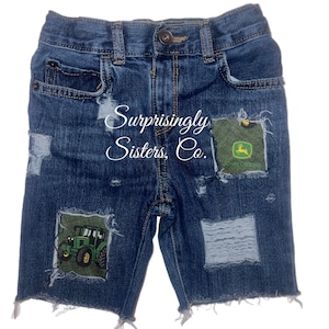 Angustiado // Pantalones cortos para niños // Parcheado // John Deere // Tractores // Granjero // Country // Unisex