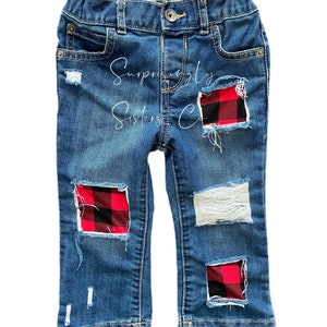 Distressed Buffalo Plaid Jeans // Black and Red Checkered Patches // Flannel // Winter // Toddler Jeans // Kids Jeans // Unisex
