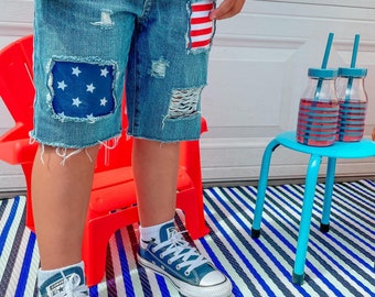American Flag Shorts // Toddler Distressed Patched Shorts // 4th of July Outfit // Toddler Boy // USA