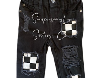 Distressed Jeans // Patched // Checkered // Black & White // Vans // Retro // 90's // Toddlers Jeans // Kids Jeans // Unisex
