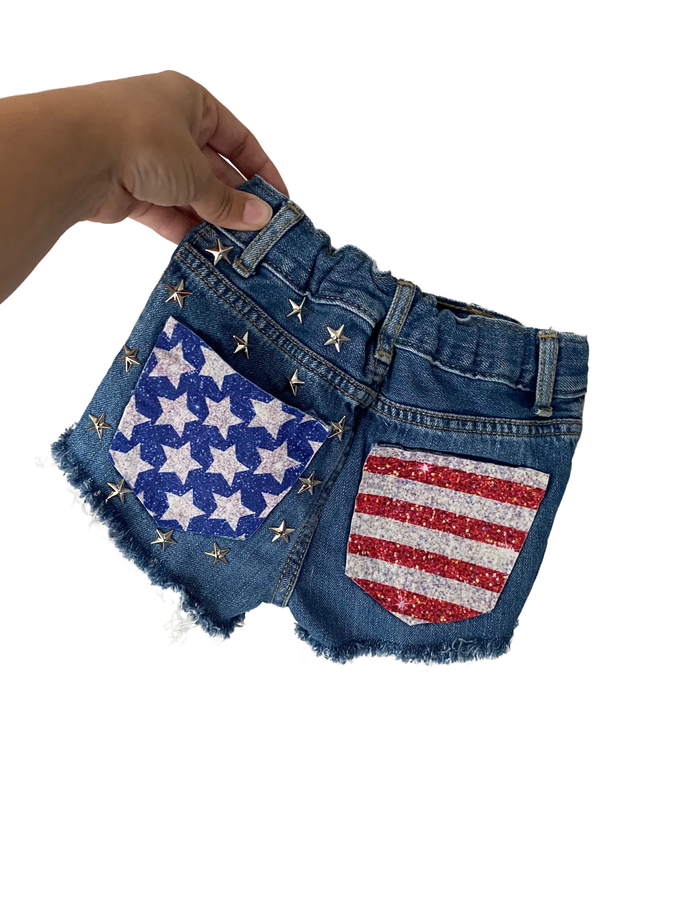 Distressed // Denim // Shorts // Baby // Toddler // Kids // Stars // Stripes // Pockets // American Flag // 4th of July