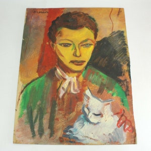 Original Corcos Painting; Portrait of a Lady with White Cat. 50.7cm x 38.7cm Oil