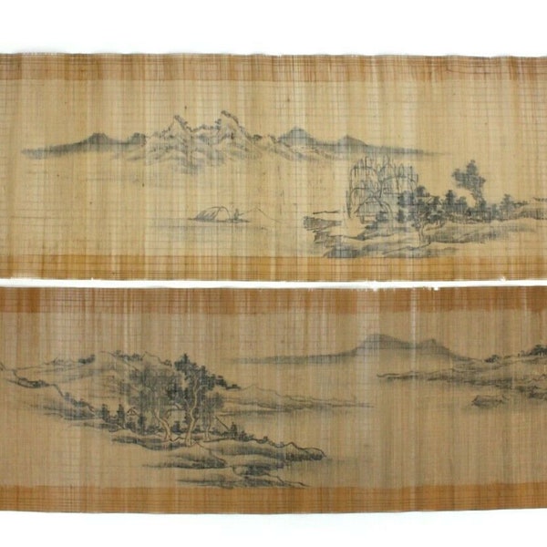 Pair of Chinese painted Bamboo scrolls, 1959. China. Vintage Landscape scenes.