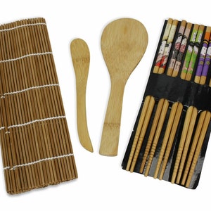 Bamboo 9 Piece Ukiyo-e Sushi Set. Chopsticks, Rolling mats, Rice paddle and spoon set.