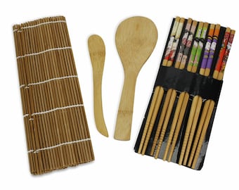 Bamboo 9 Piece Ukiyo-e Sushi Set. Chopsticks, Rolling mats, Rice paddle and spoon set.