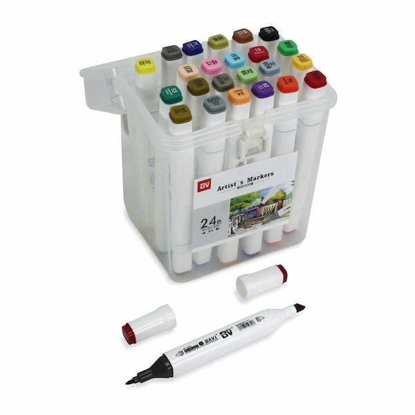 Artist's Marker Set 24 Permanent Alcohol based marker pens in carry case. Professional quality.