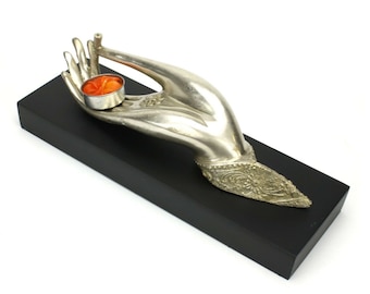 Bronze metal buddha hand incense tealight candle holder, large silver metal 30cm