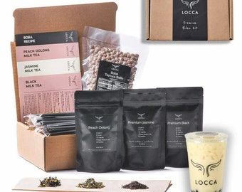 DIY Vivante Boba Tea Gift Set Organic Peach Oolong and Premium Jasmine Tea with with Boba Pearls, Christmas Holiday Gift Kit-Up to 24 Drinks