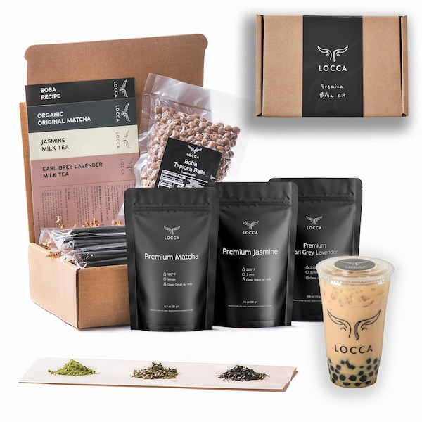 Thé Matcha Boba Locca | Plus de 24 boissons matcha, thé au jasmin et Earl Grey biologique | Cadeau des Fêtes pour amoureux de Boba | Cadeau de thé aux perles | Cadeau Boba