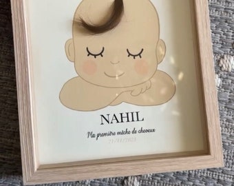 Frame met 3D-babyhaarlokje, illustratie om te personaliseren om het eerste haarlokje van de baby te behouden, een uniek souvenir