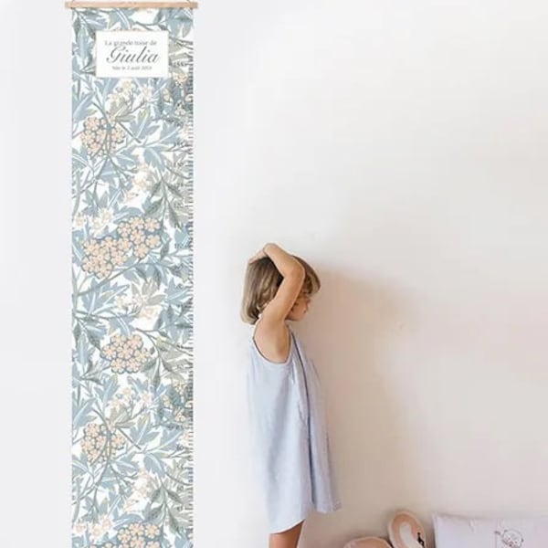 Toise décorative pour chambre bébé enfant mesurer jusqu'à 1m60 matière indéchirable en toile enduite motif floral vintage fleurs