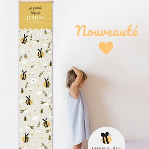 Decoratieve hoogtemeter voor baby-kinderkamer tot 1m60 stevig scheurvast materiaal in gecoat canvas bijen madeliefjebloemen