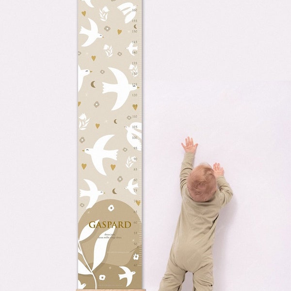 Toise croissance déco chambre bébé enfant, robuste indéchirable en toile enduite, motifs hirondelle, idée cadeau de naissance personnalisé