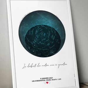 La vrai vue du ciel du jour de votre choix, cadeau unique personnalisé, astro, carte, poster, naissance, mariage, couple, saint Valentin Blanc